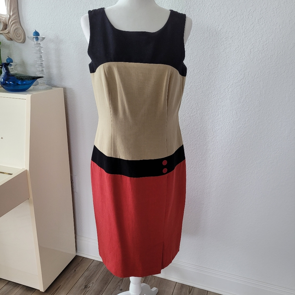 EUC Donna Morgan Tan/Red/Blk Sleeveless Dress, size 10